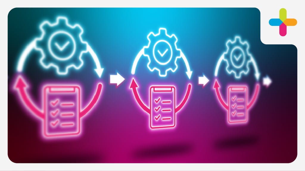 Neon blue and pink cycle image with gear and document icons