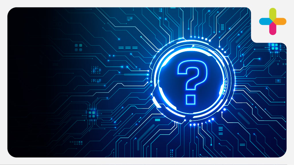 Neon Blue Question Mark in Circle on Dark Background